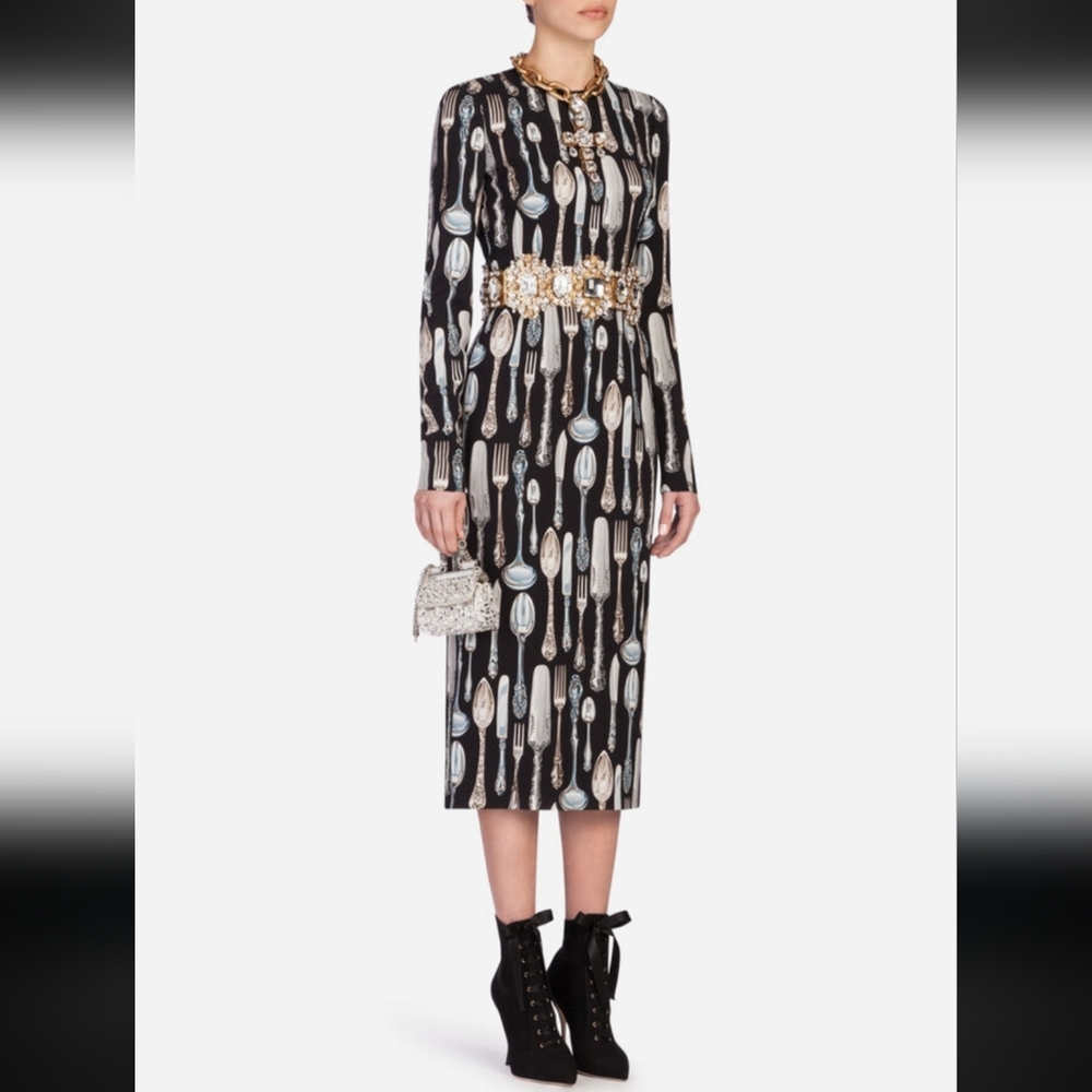 Dolce & Gabbana Cutlery Midi Black Silver Runway FW 2018 Dress Size 40